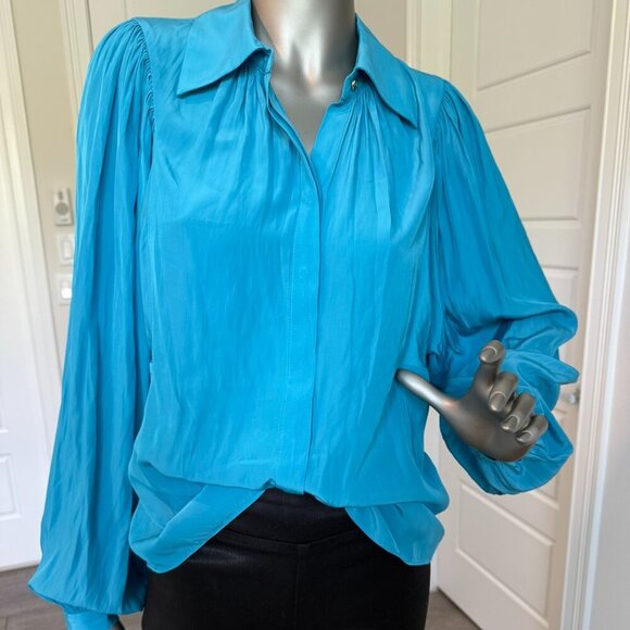 Ramy Brook Azariah Button Down Balloon Sleeve Blouse Top Size XS Blue NWT - Picture 3 of 8